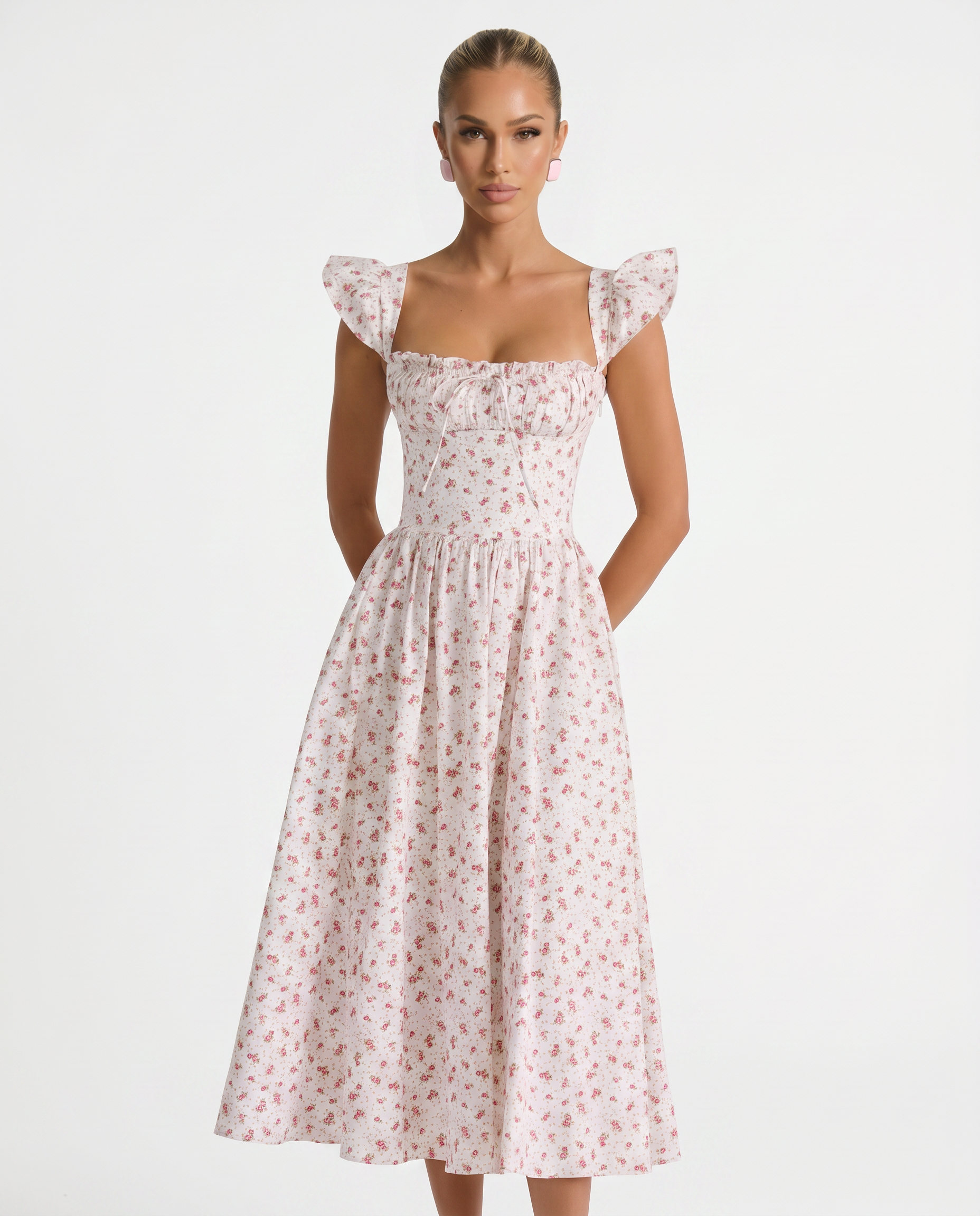 Tabitha | Midi Sundress with Floral Print and Lace-Up Back