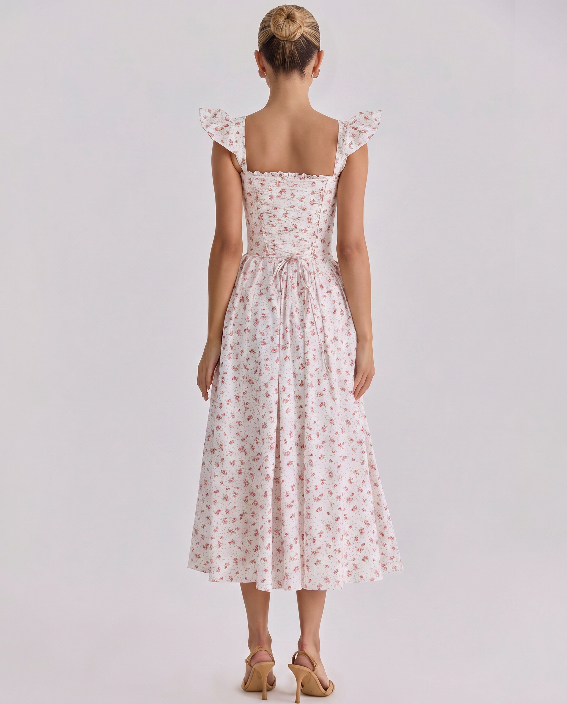 Tabitha | Midi Sundress with Floral Print and Lace-Up Back