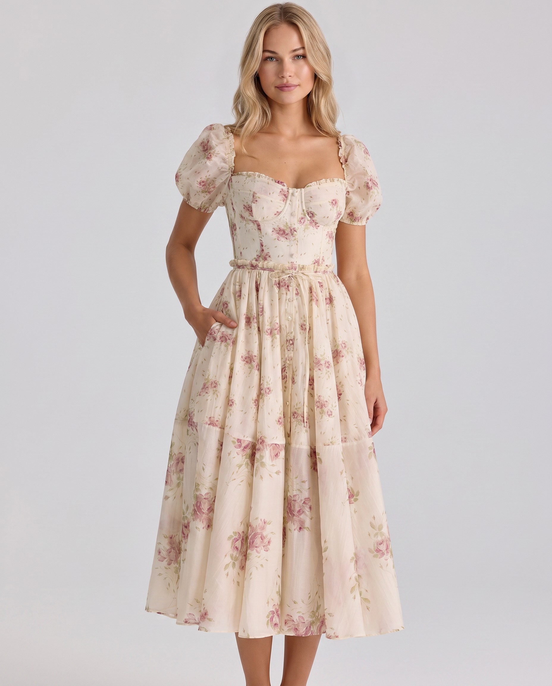 Finley | Midi Dress with Floral Print and Puff Sleeves