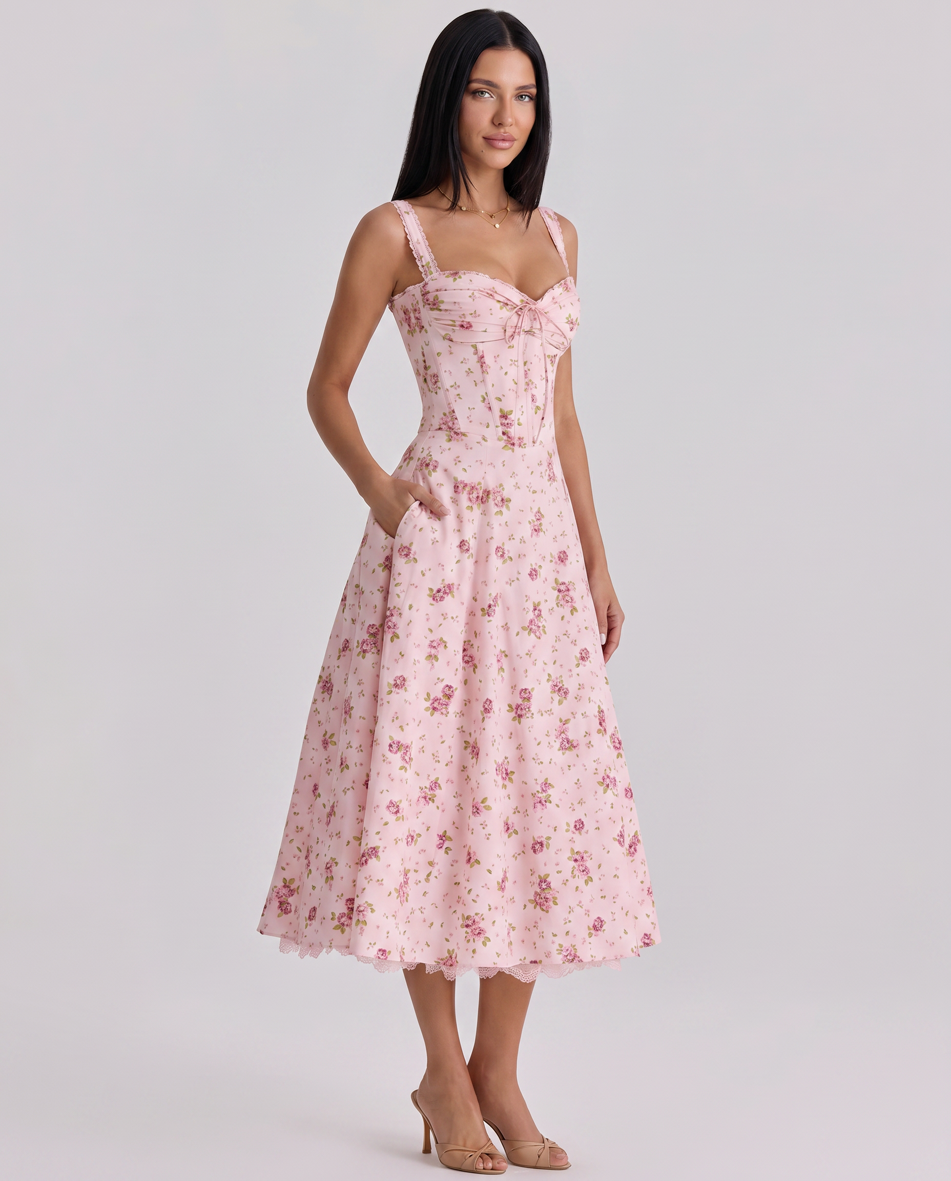 Frances | Midi Dress with Floral Print and Corset Bodice