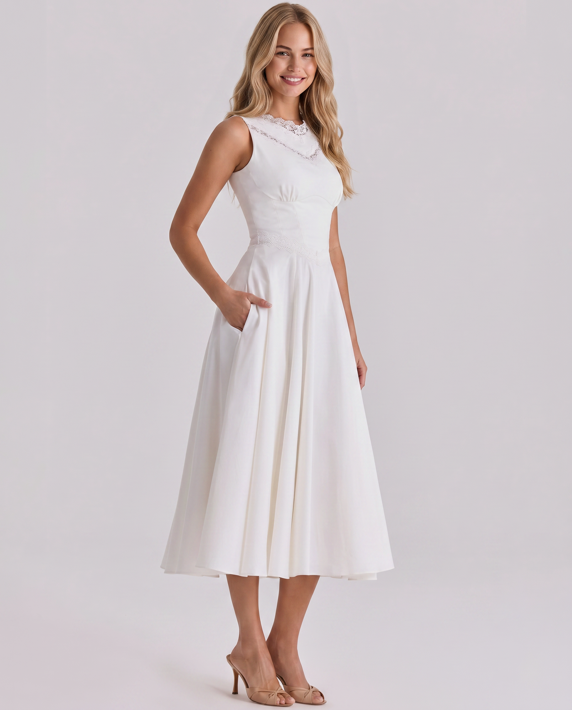 Jillian | Midi Dress with Lace Trim and Defined Waist