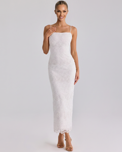 Kassandra | Midi Dress with Lace Overlay and Back Slit