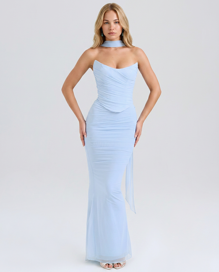 Stacey | Maxi Dress with Mesh Overlay and Fluted Hem