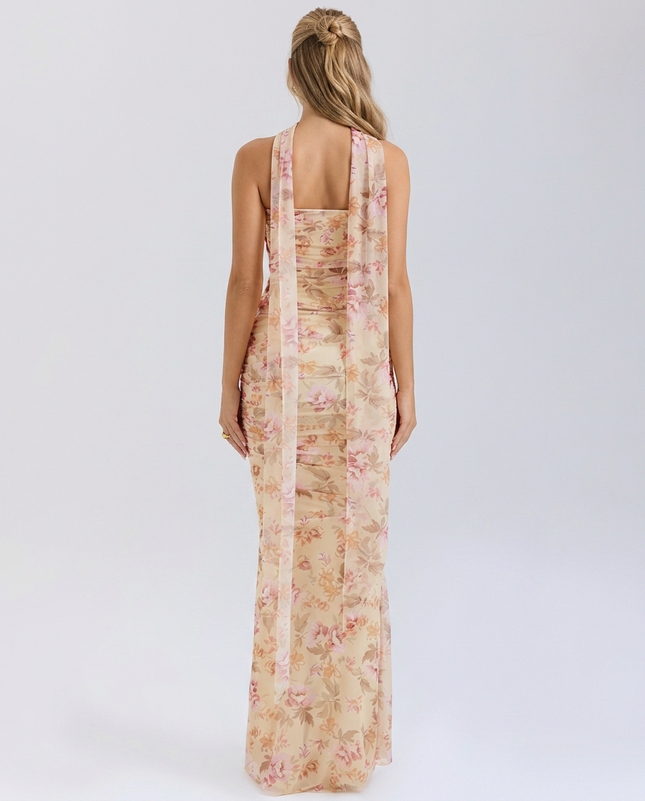 Stacey | Maxi Dress with Mesh Overlay and Fluted Hem