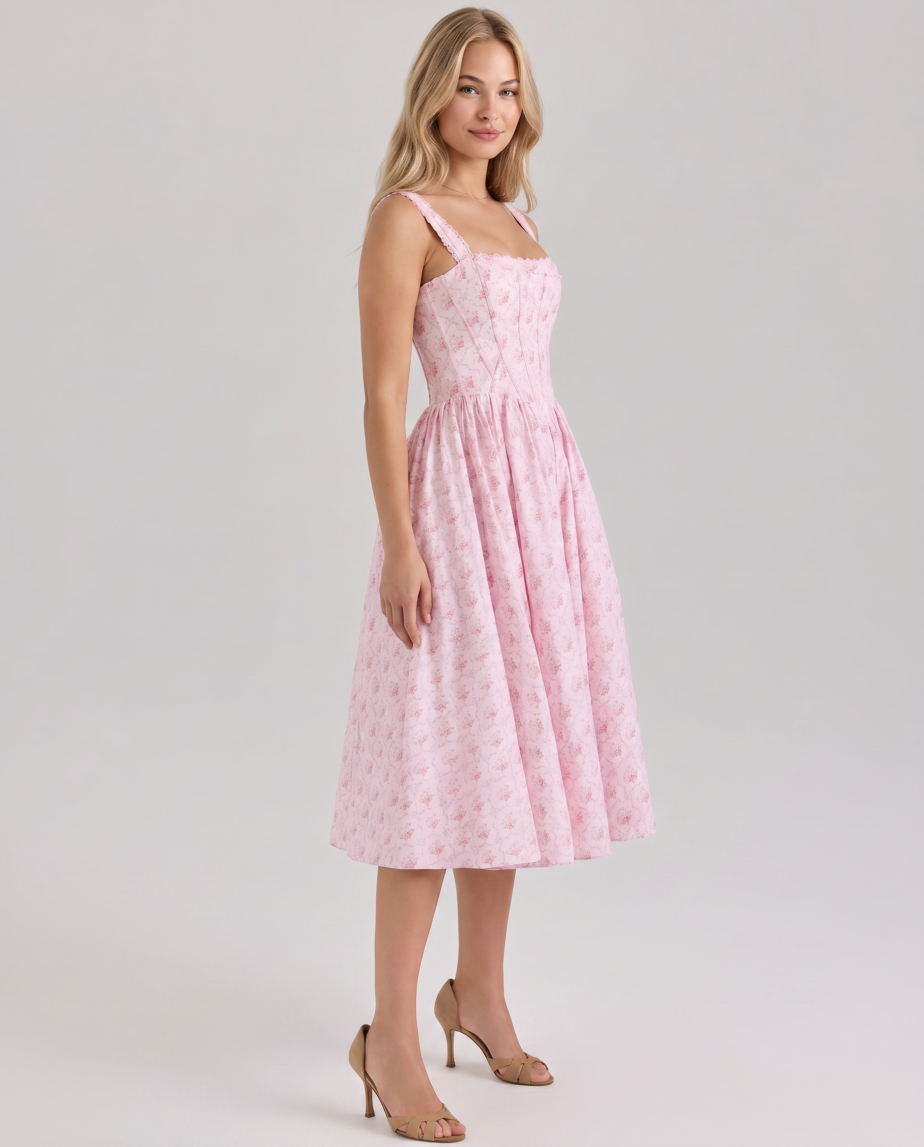 Suzy | Midi Dress with Floral Print and Corset Bodice