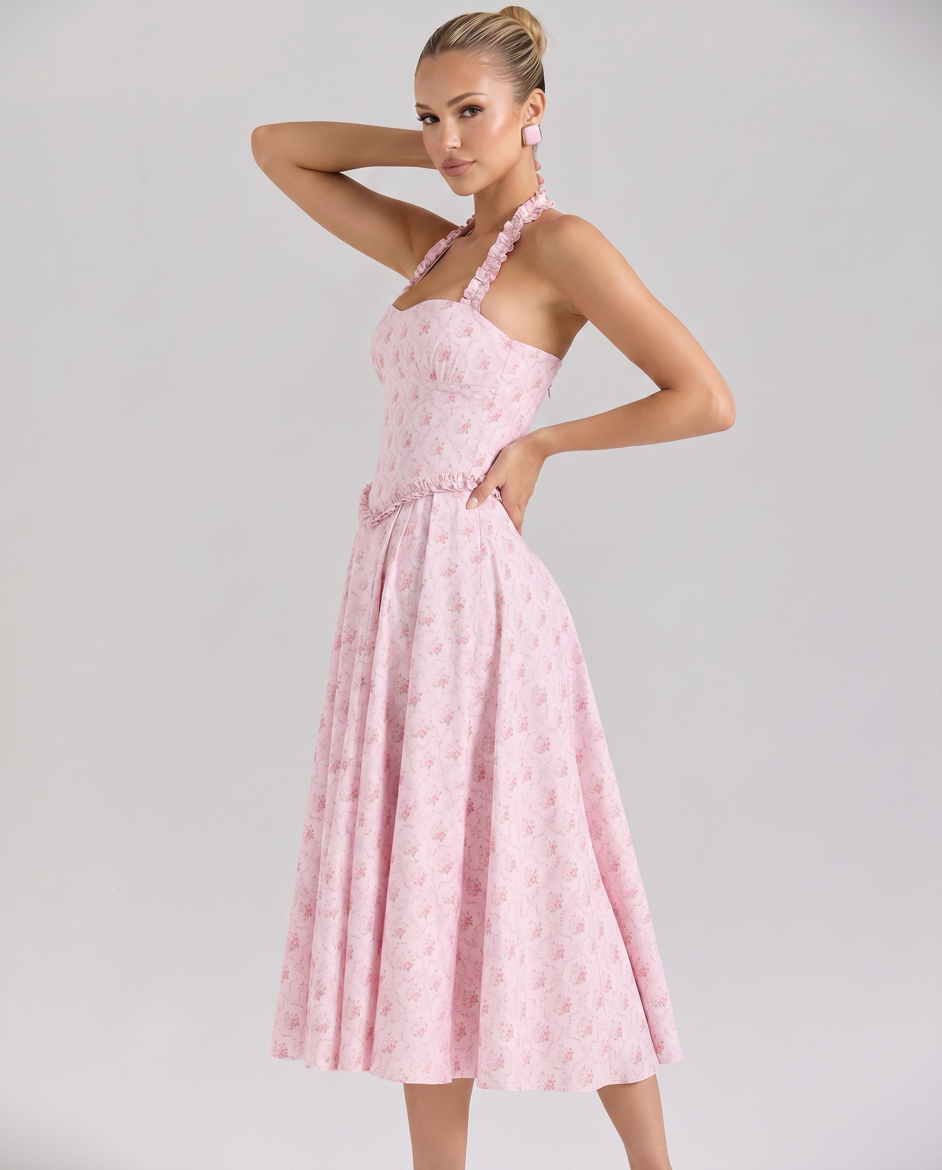 Amelia | Midi Dress with Halter Neck and Corset Bodice