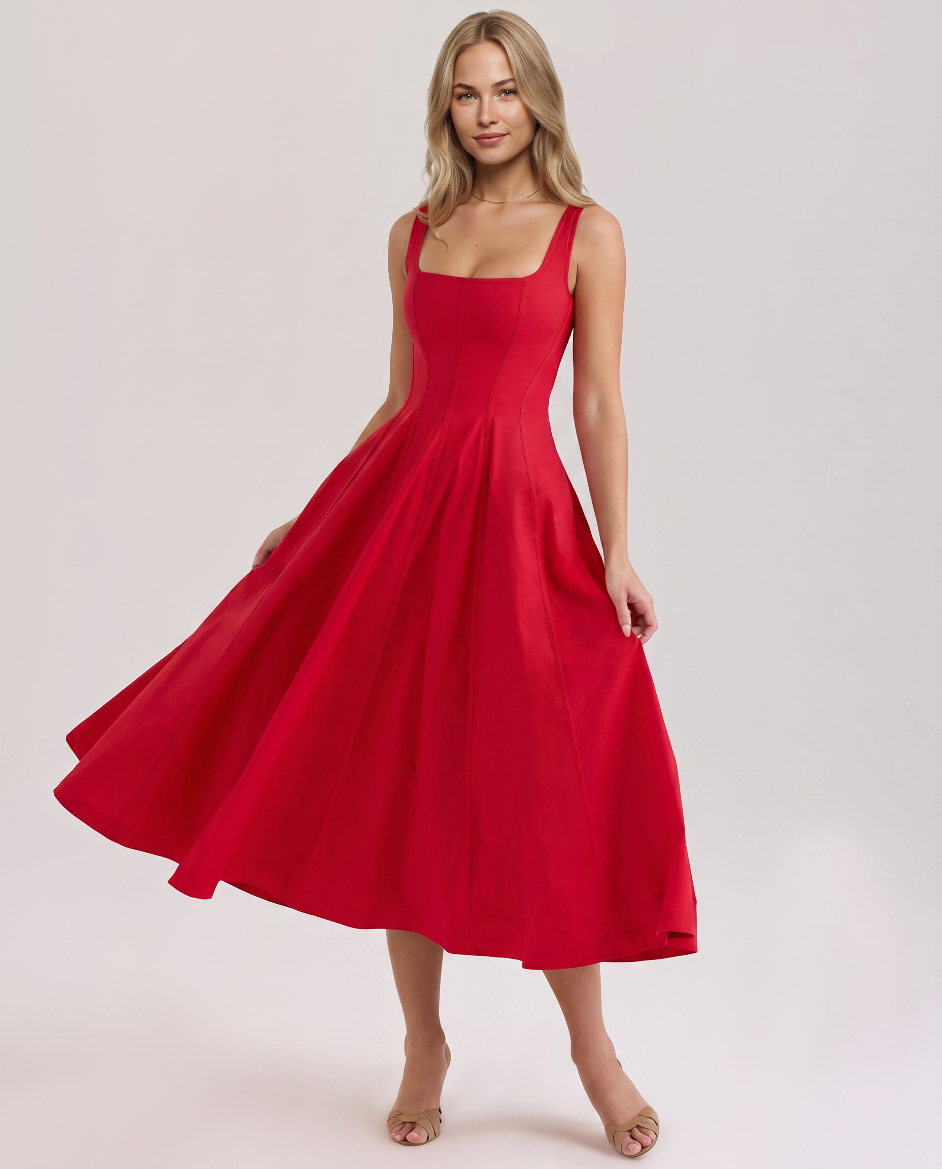 Bronwyn | Midi Sundress with Square Neck and Lace-Up Back