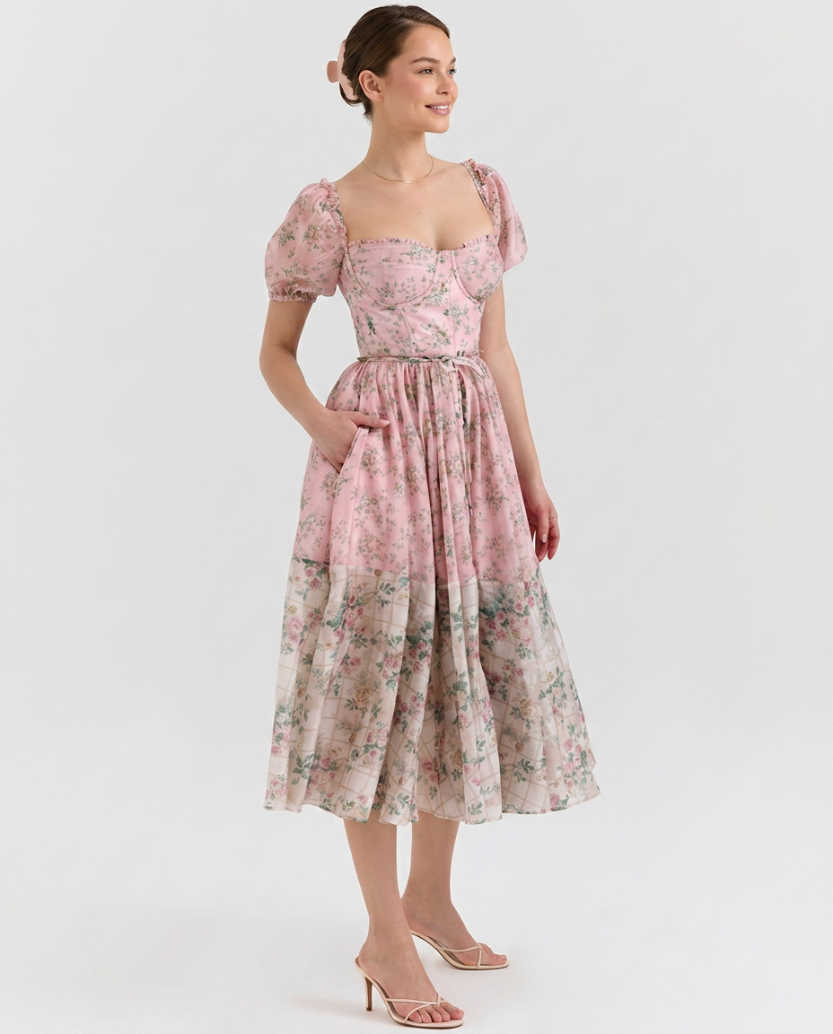 Elma | Floral Midi Dress with Puff Sleeves