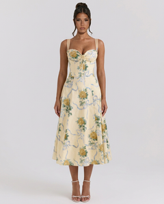 Alberta | Midi Dress with Ribbon Print and Fitted Bodice