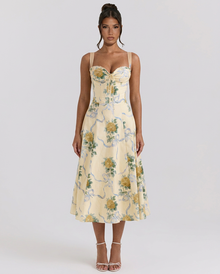 Alberta | Midi Dress with Ribbon Print and Fitted Bodice