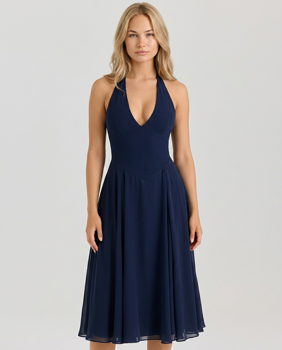 Glenda | Halter Midi Dress with Flared Skirt
