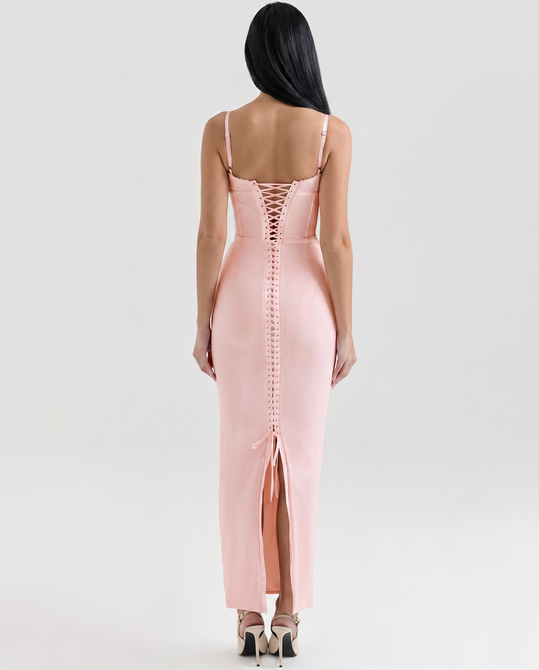 Romola | Mesh Maxi Dress with Corset Bodice and Lace-Up Back