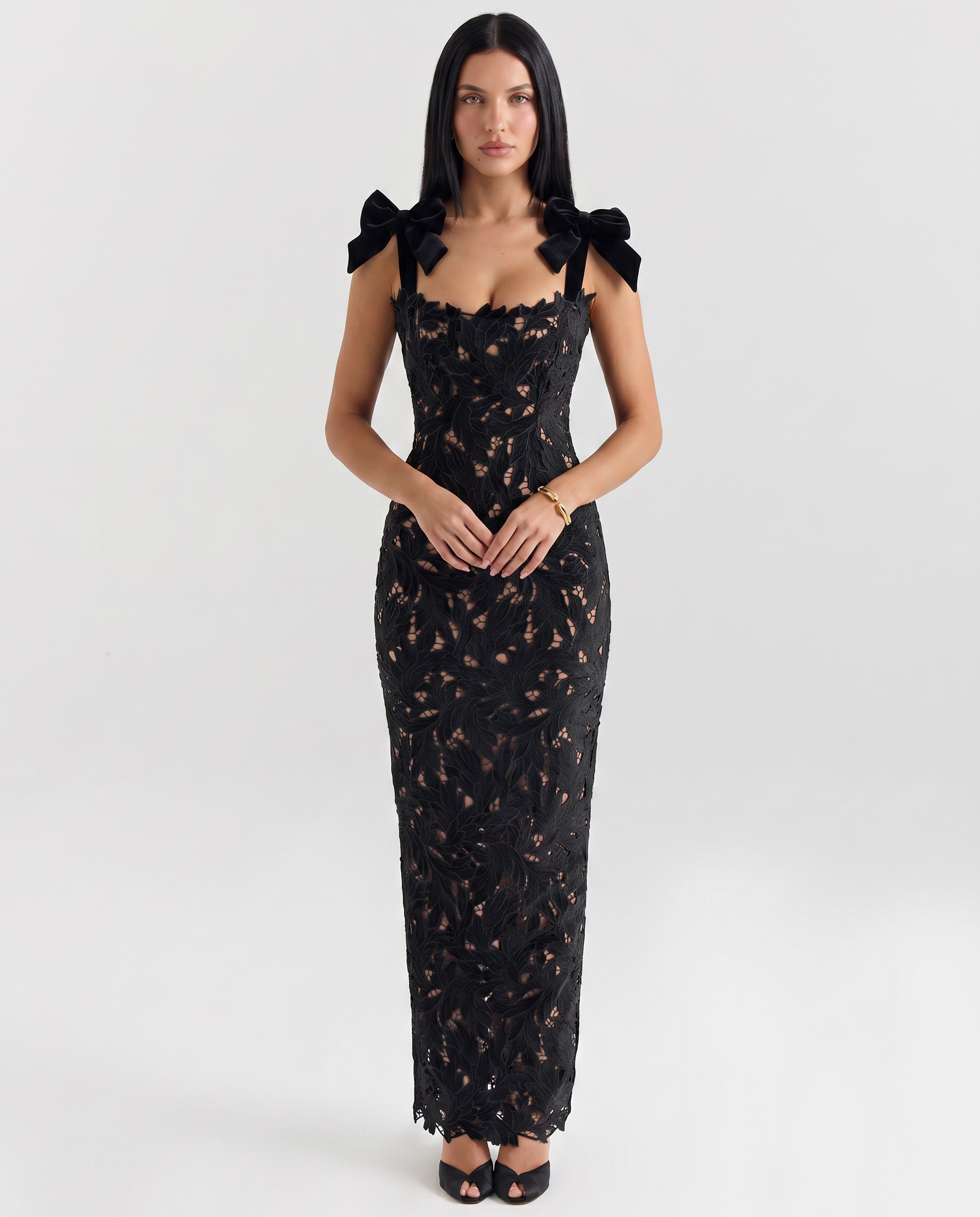 Thalina | Maxi Dress with Lace Overlay and Bow Straps