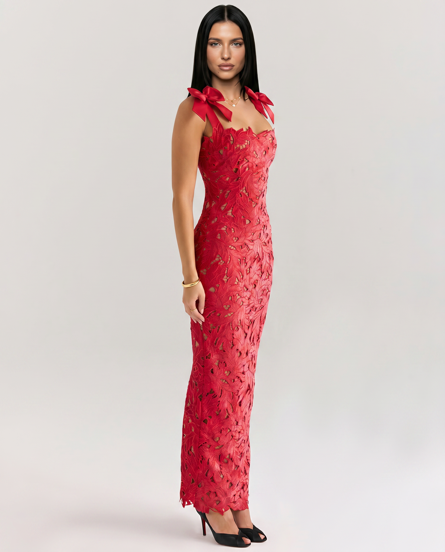 Thalina | Maxi Dress with Lace Overlay and Bow Straps
