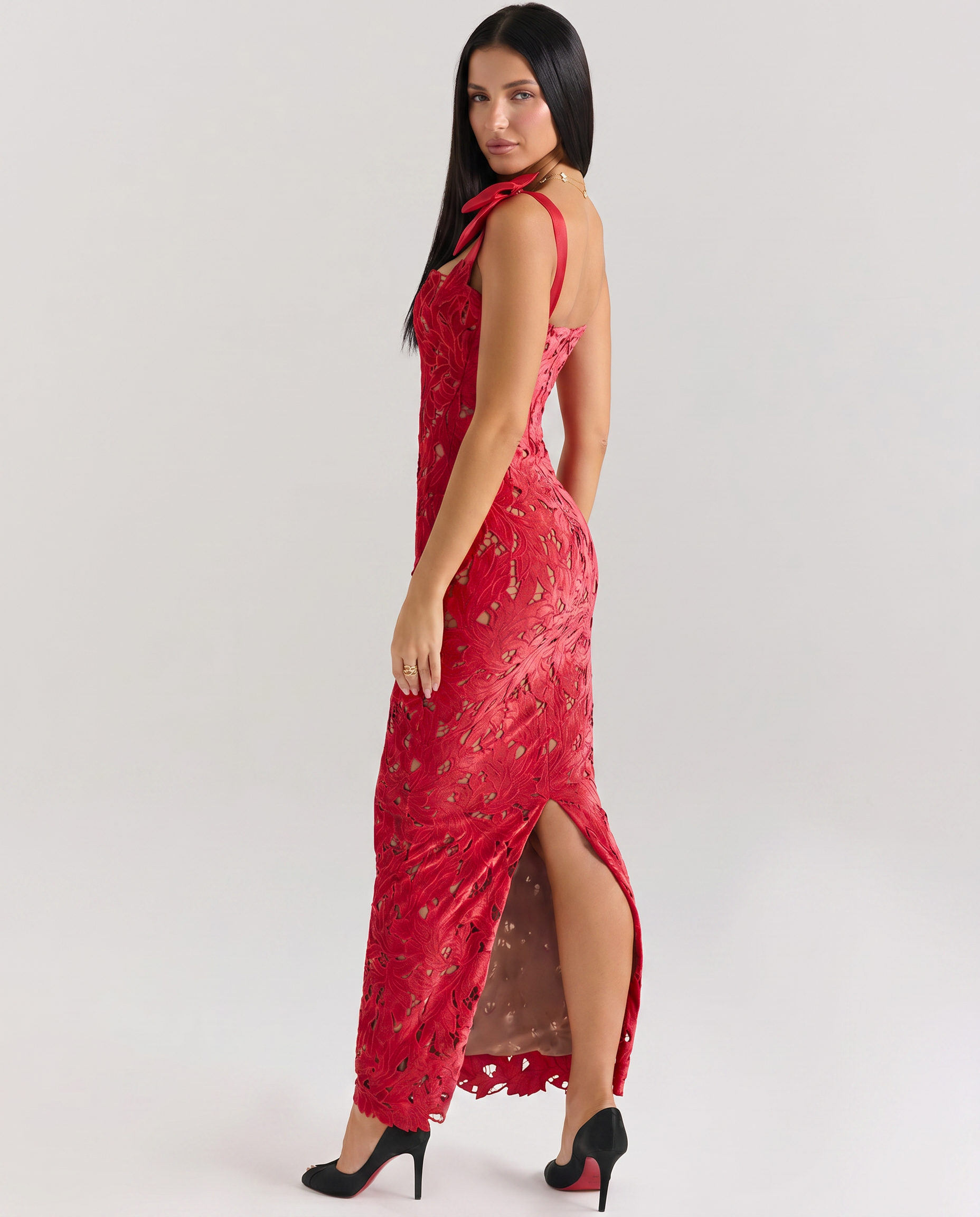 Thalina | Maxi Dress with Lace Overlay and Bow Straps