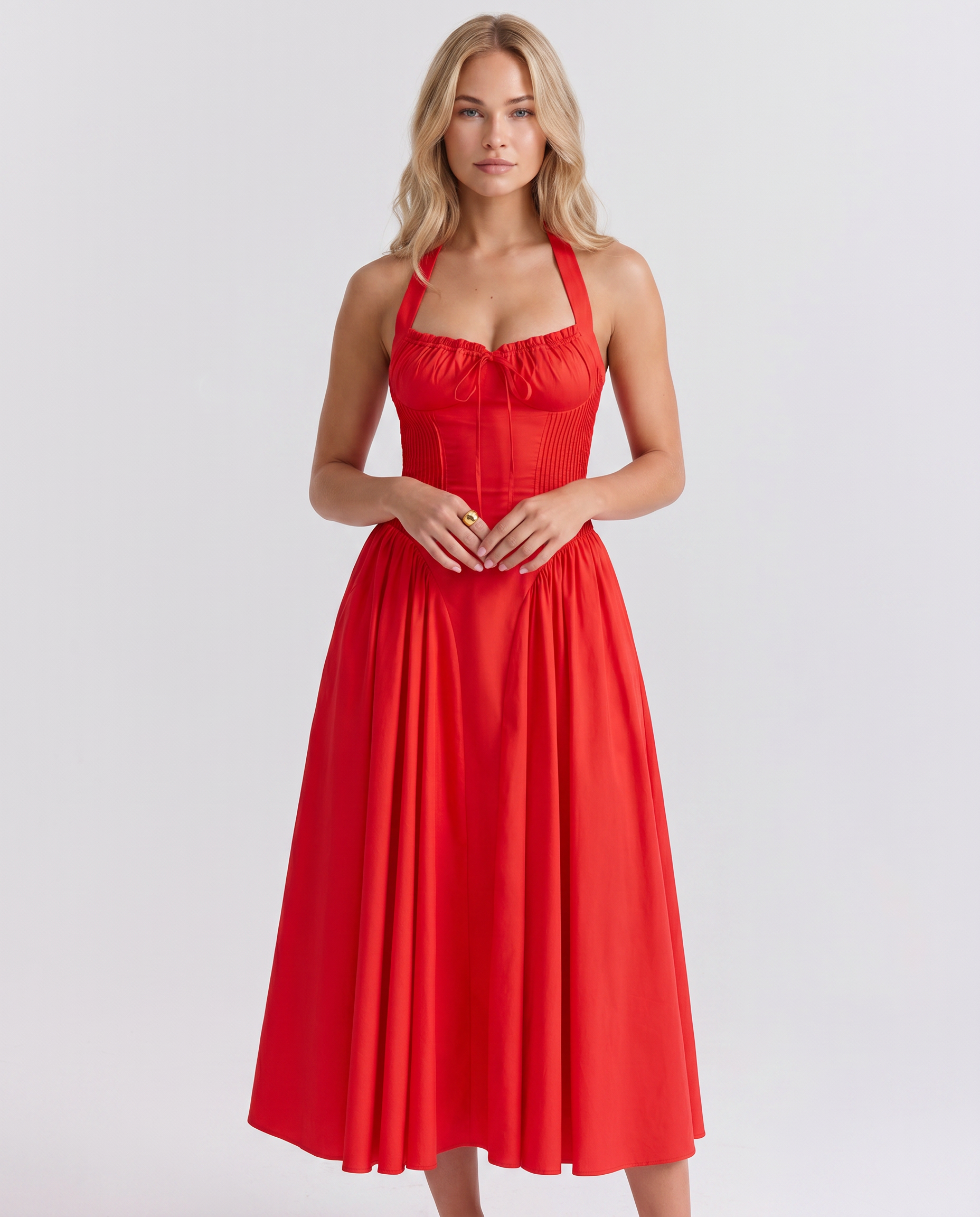 Alba | Midi Dress with Halter Neck and Gathered Bodice