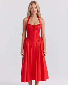 Alba | Midi Dress with Halter Neck and Gathered Bodice