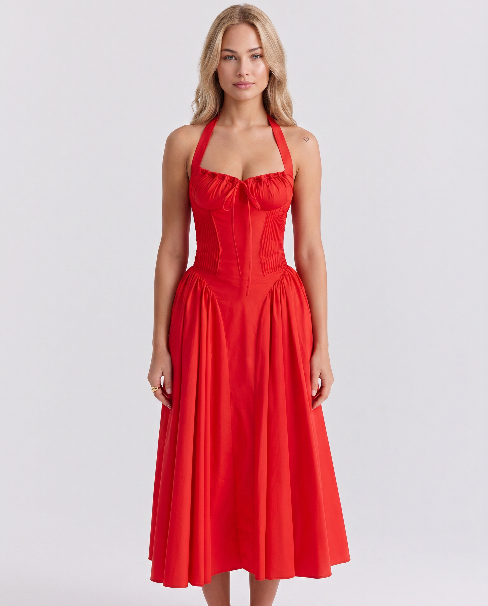 Alba | Midi Dress with Halter Neck and Gathered Bodice