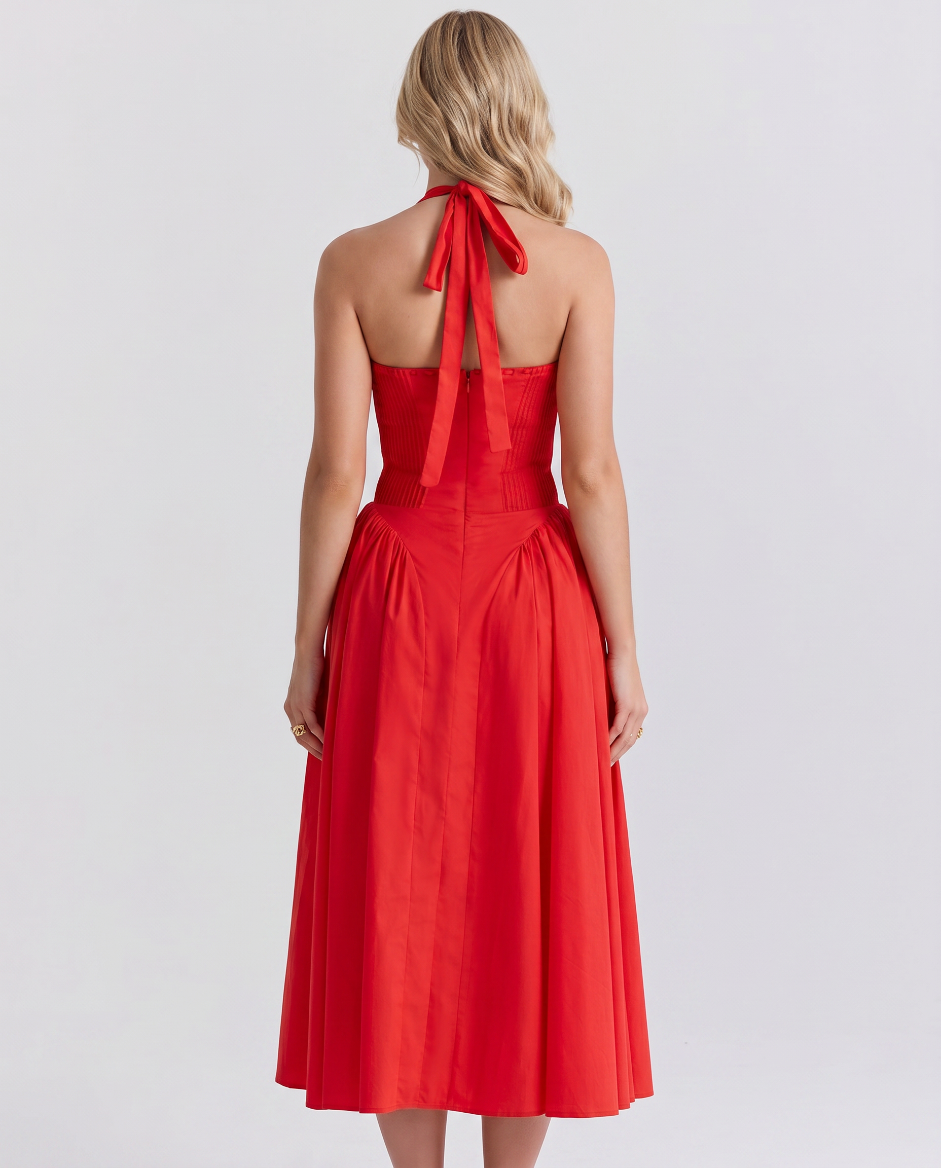 Alba | Midi Dress with Halter Neck and Gathered Bodice