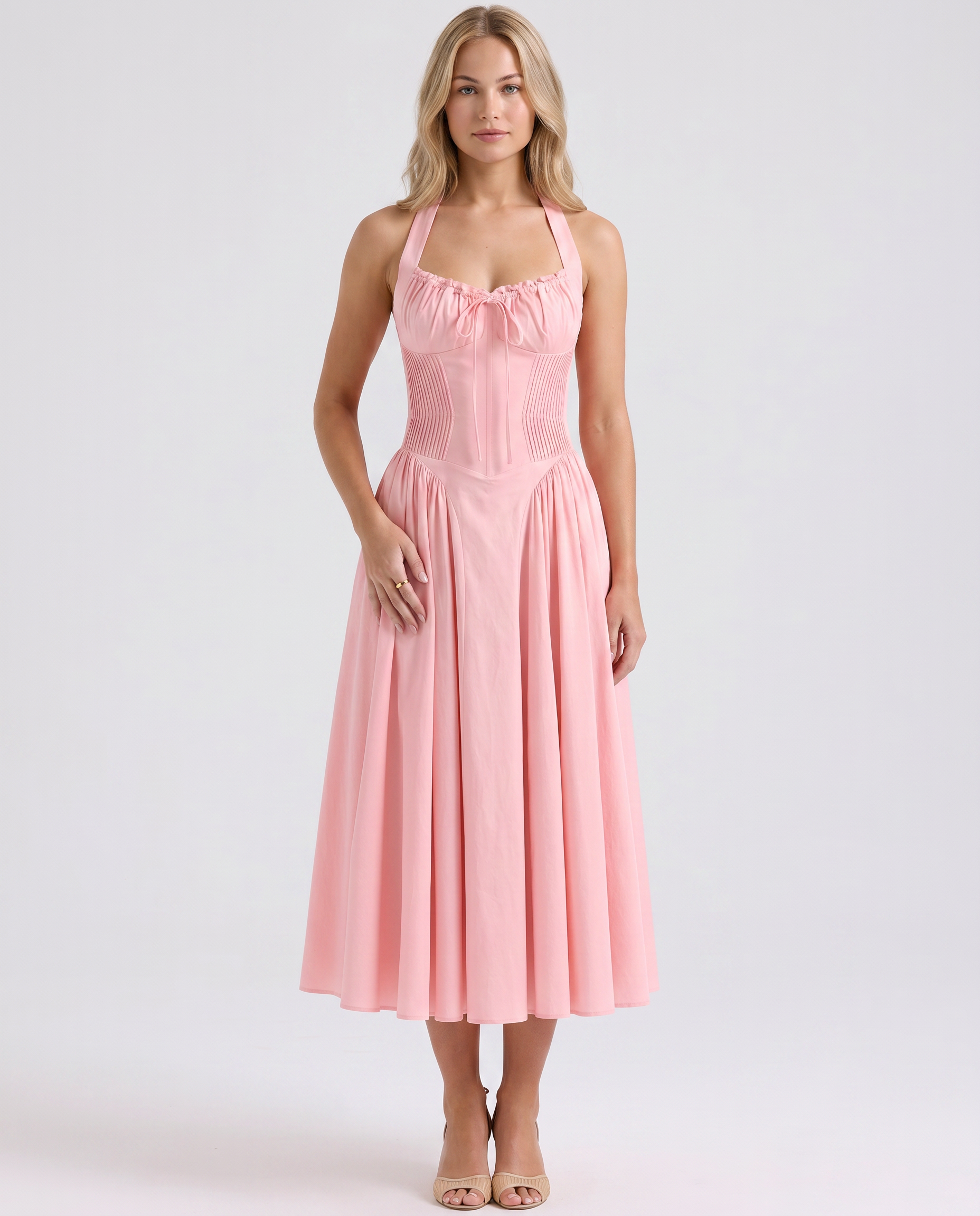 Alba | Midi Dress with Halter Neck and Gathered Bodice