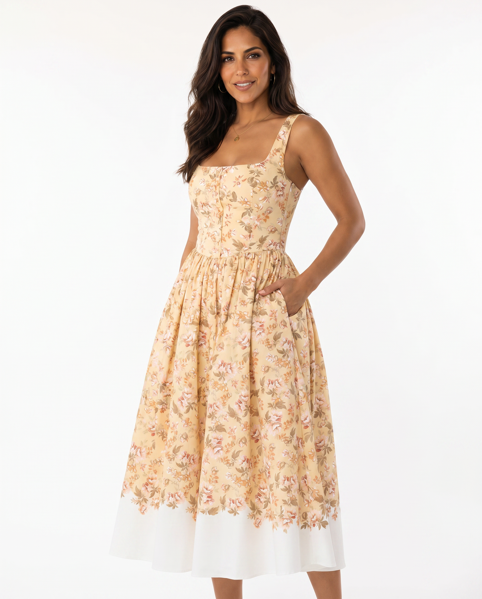 Adalyn | Floral Midi Dress with Gathered Skirt and Tulle Layer