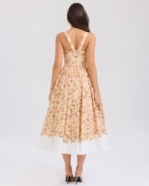 Adalyn | Floral Midi Dress with Gathered Skirt and Tulle Layer