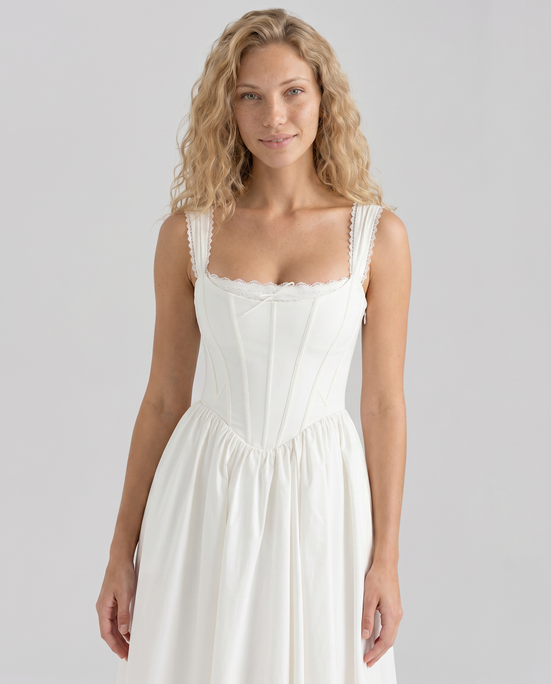 Allena | Midi Dress with Corset Bodice and Lace Trim