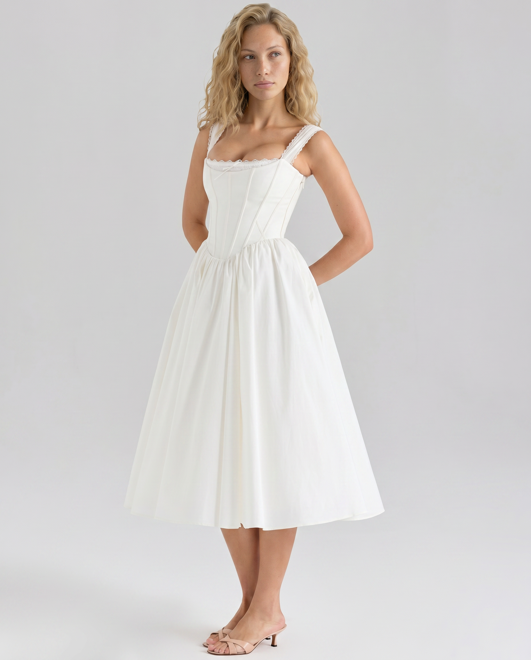 Allena | Midi Dress with Corset Bodice and Lace Trim