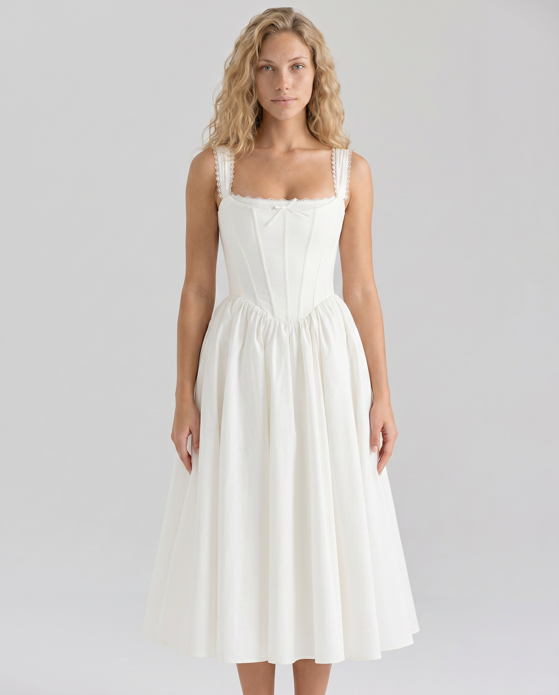 Allena | Midi Dress with Corset Bodice and Lace Trim