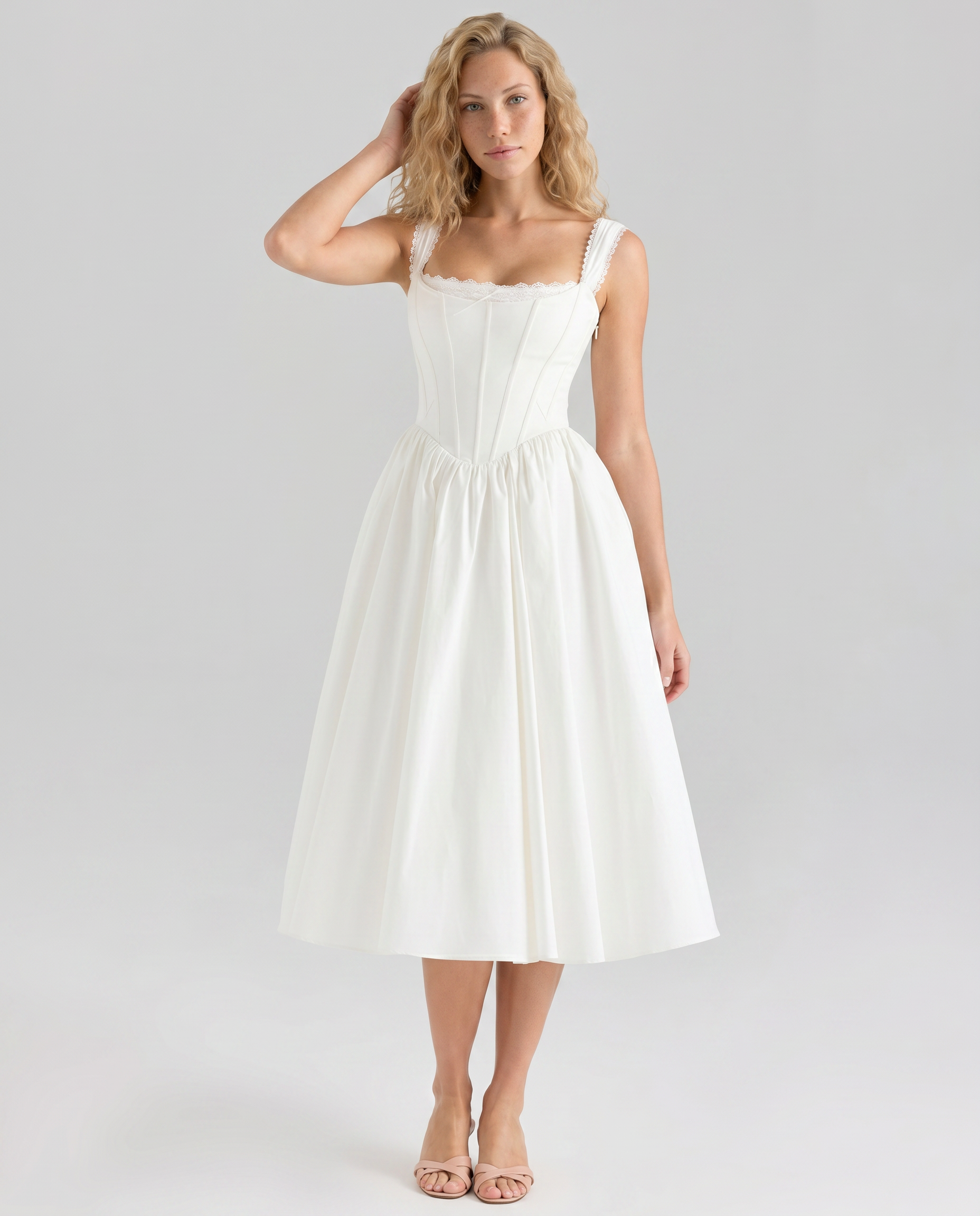 Allena | Midi Dress with Corset Bodice and Lace Trim
