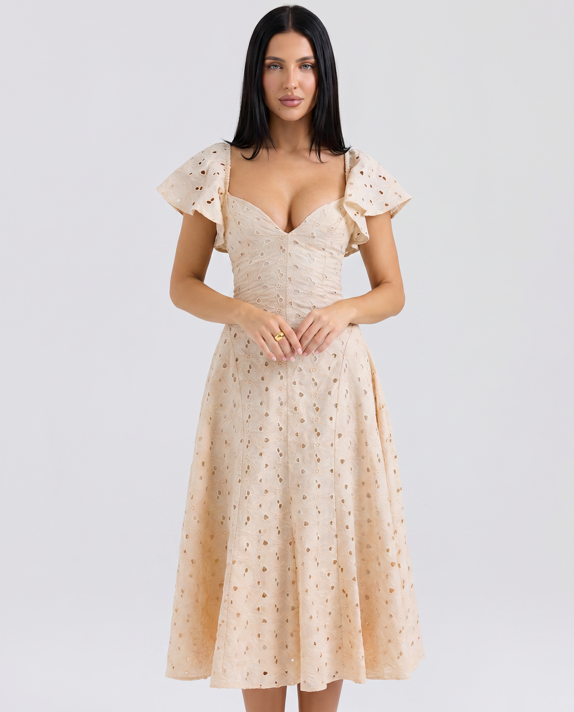 Austen | Floral Midi Dress with Broderie and Butterfly Sleeves