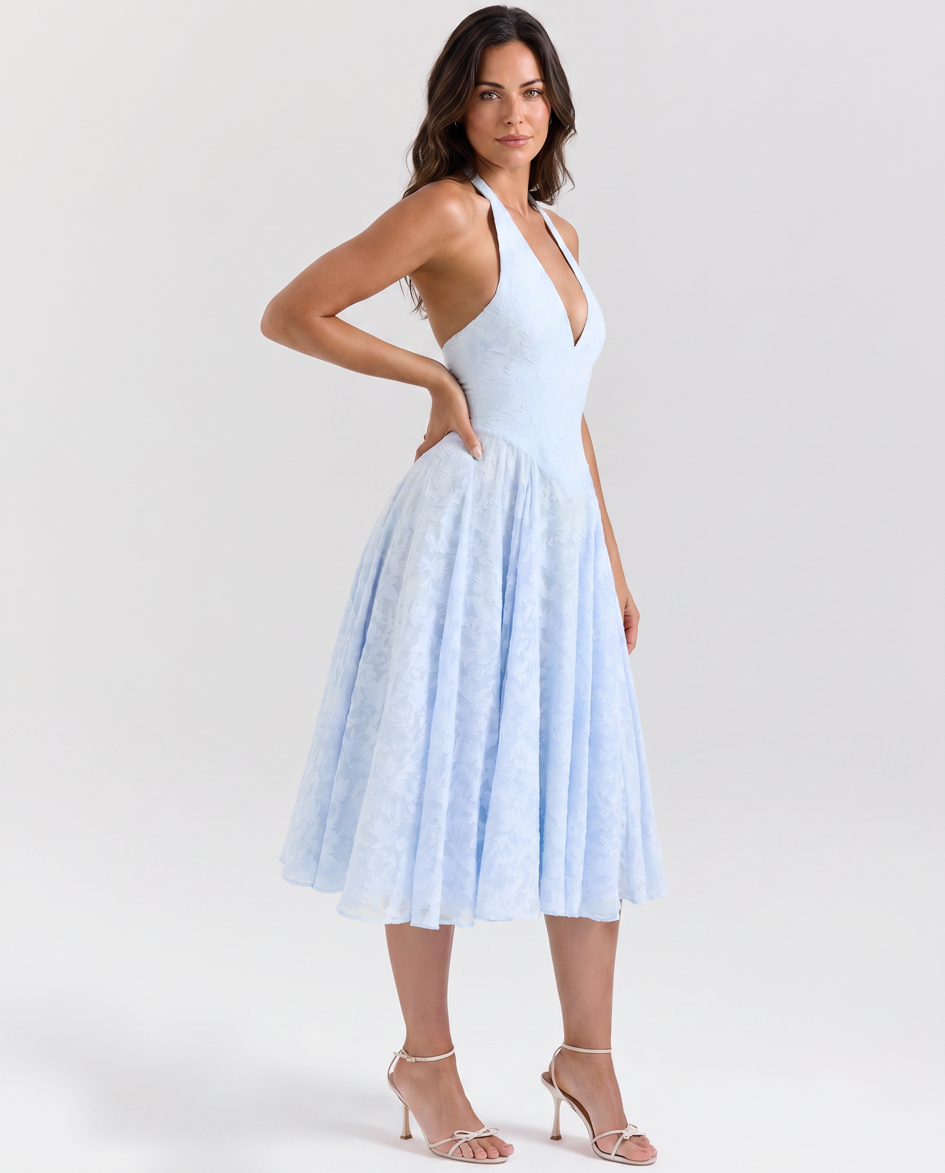 Ava | Midi Dress with Floral Jacquard and Halter Neck