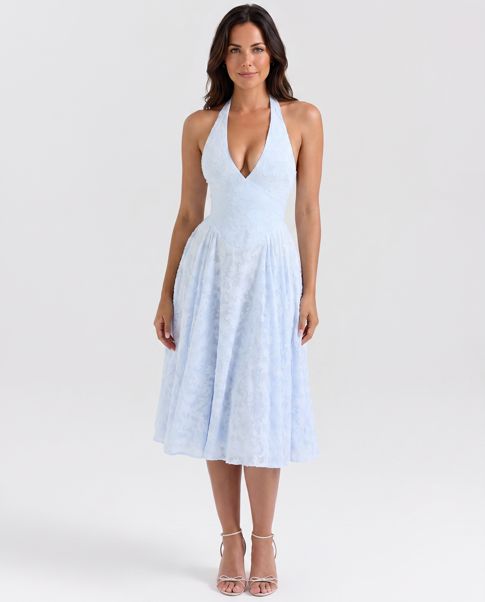 Ava | Midi Dress with Floral Jacquard and Halter Neck