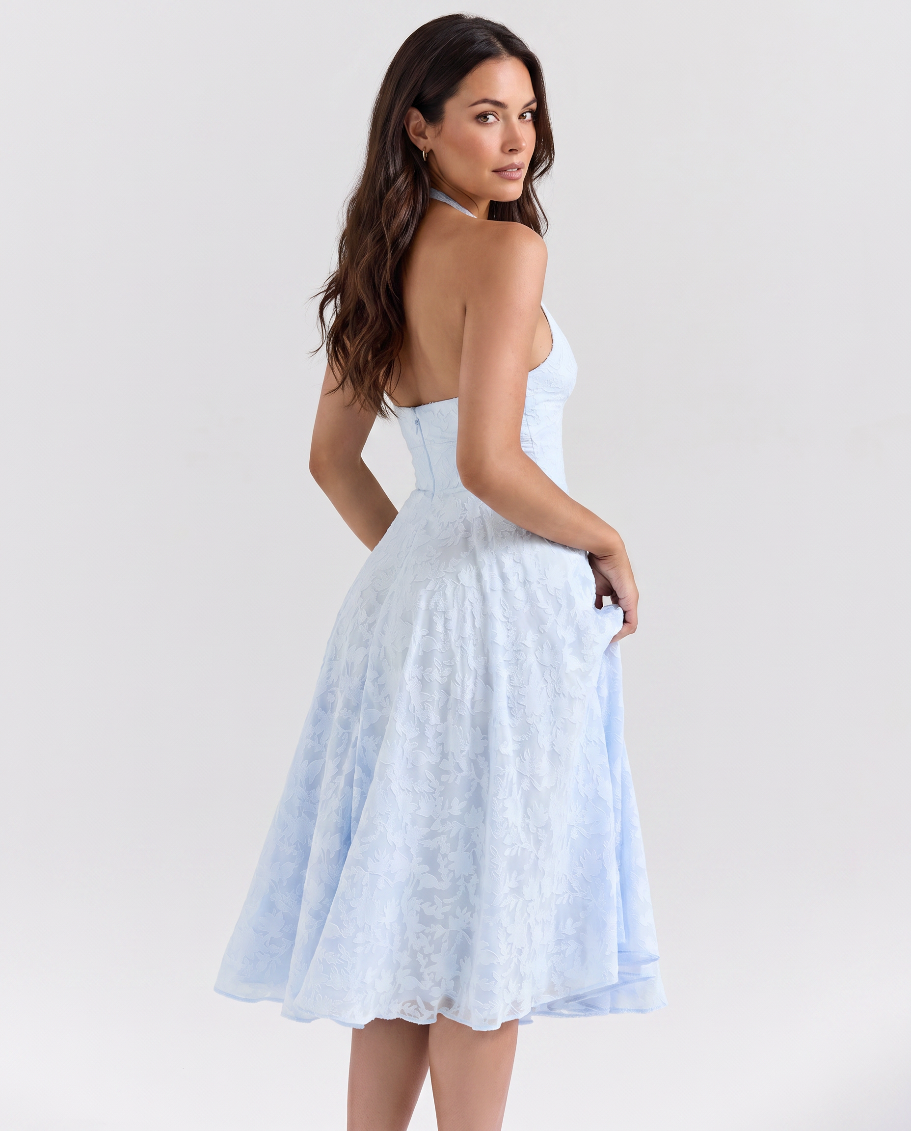 Ava | Midi Dress with Floral Jacquard and Halter Neck