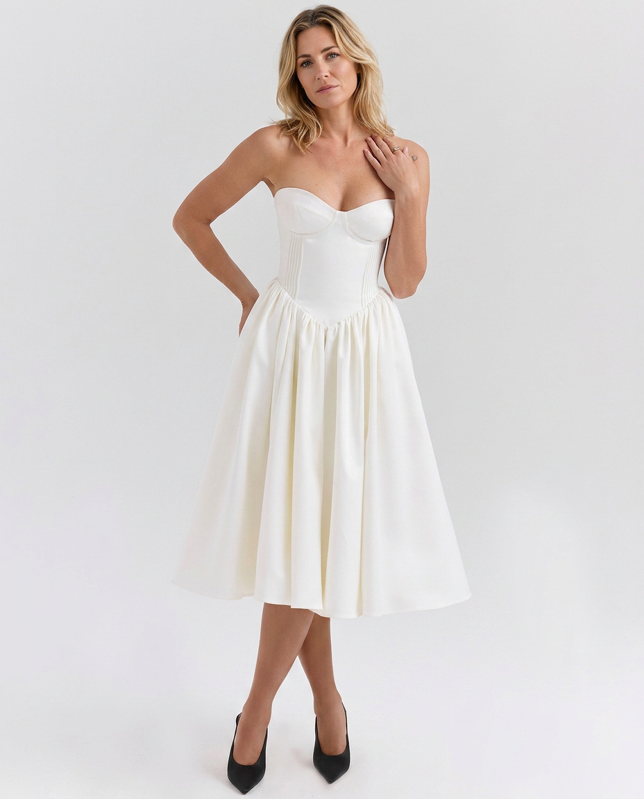 Tara | Strapless Midi Dress with Corset Bodice