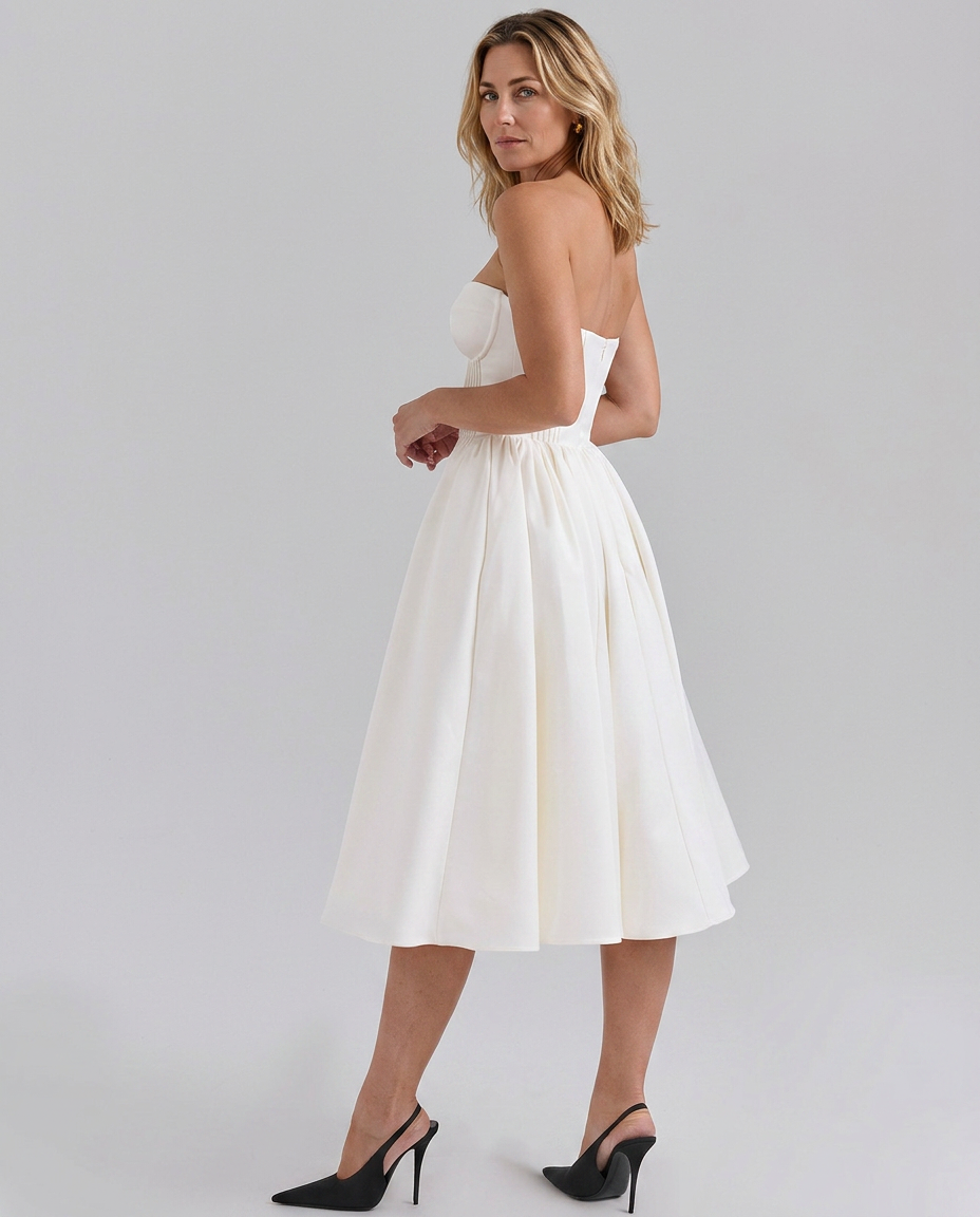 Tara | Strapless Midi Dress with Corset Bodice