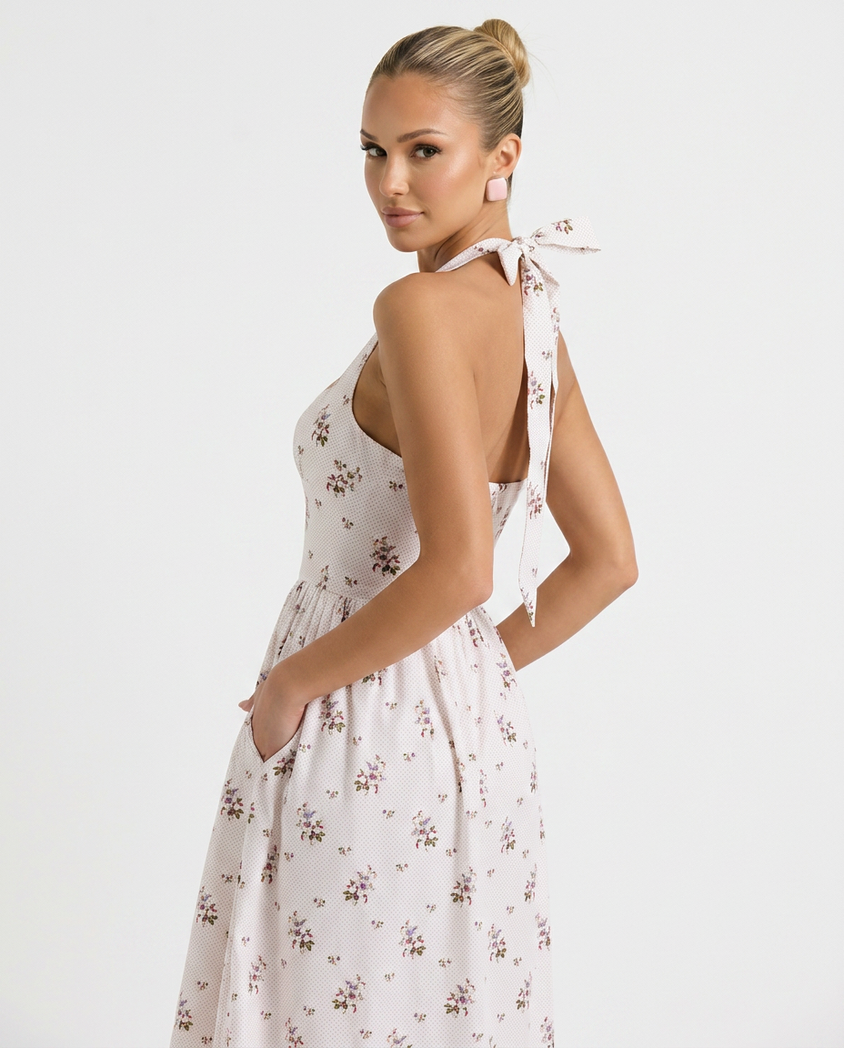Aimee | Halter Neck Midi Dress with Lace-Up Bodice