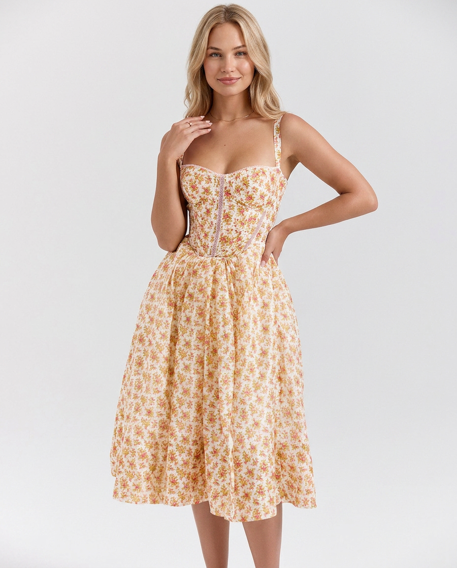 Wendi | Floral Print Corset Midi Sundress