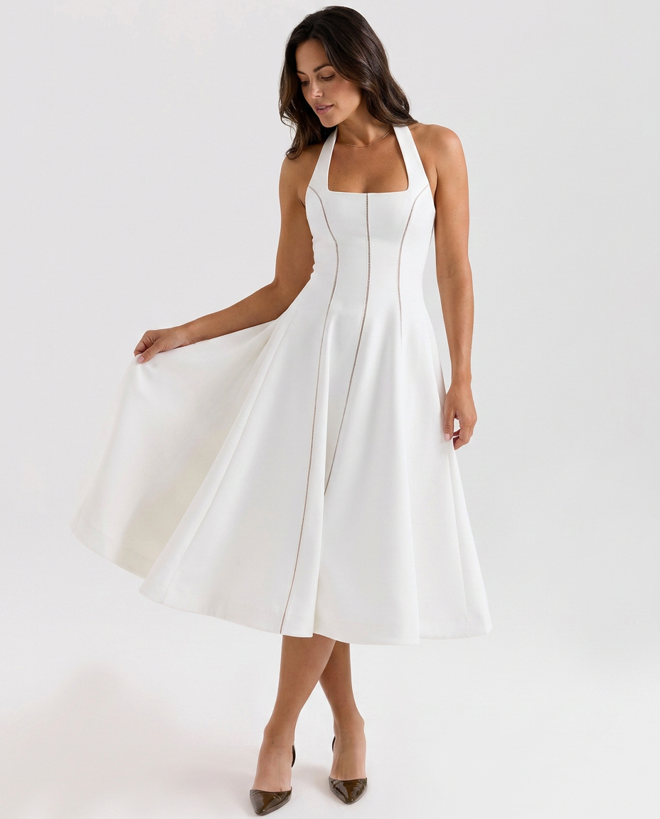 Carmella | Halter Neck Midi Dress with Ladder Trim
