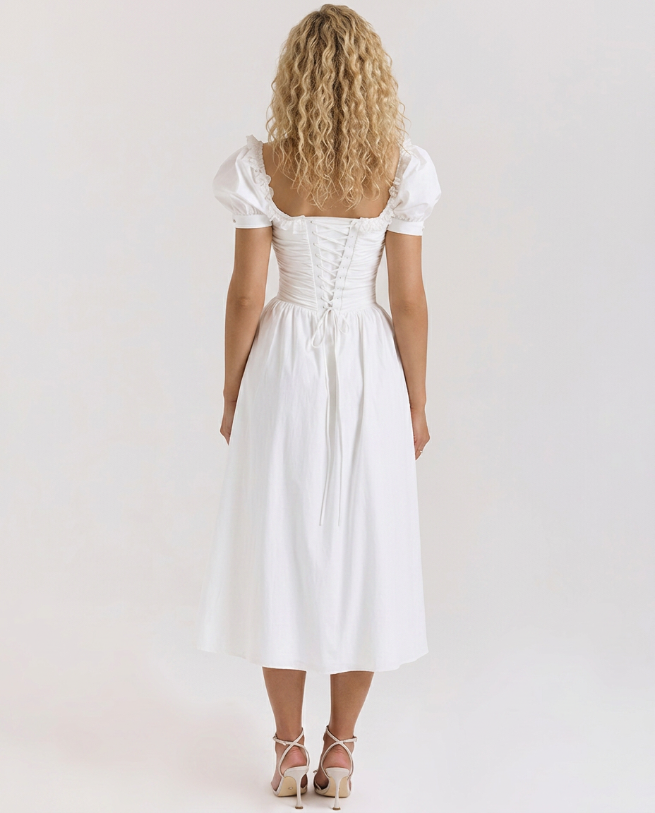 Kaye | Puff Sleeve Midi Dress with Corset Bodice