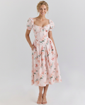 Kaye | Puff Sleeve Midi Dress with Corset Bodice
