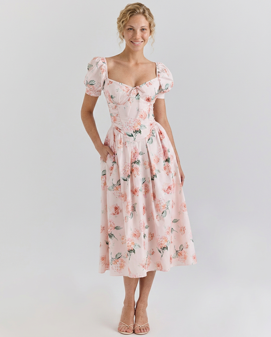 Kaye | Puff Sleeve Midi Dress with Corset Bodice