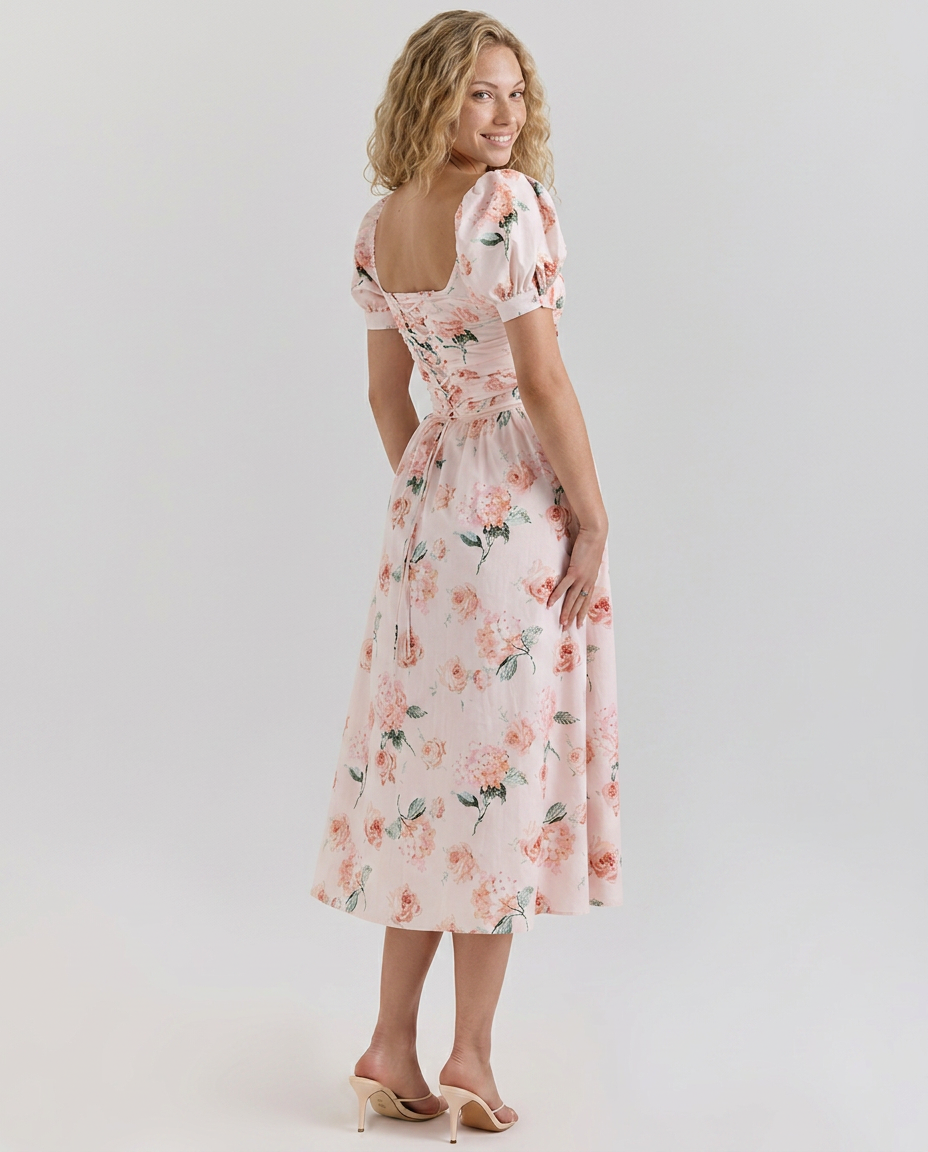 Kaye | Puff Sleeve Midi Dress with Corset Bodice