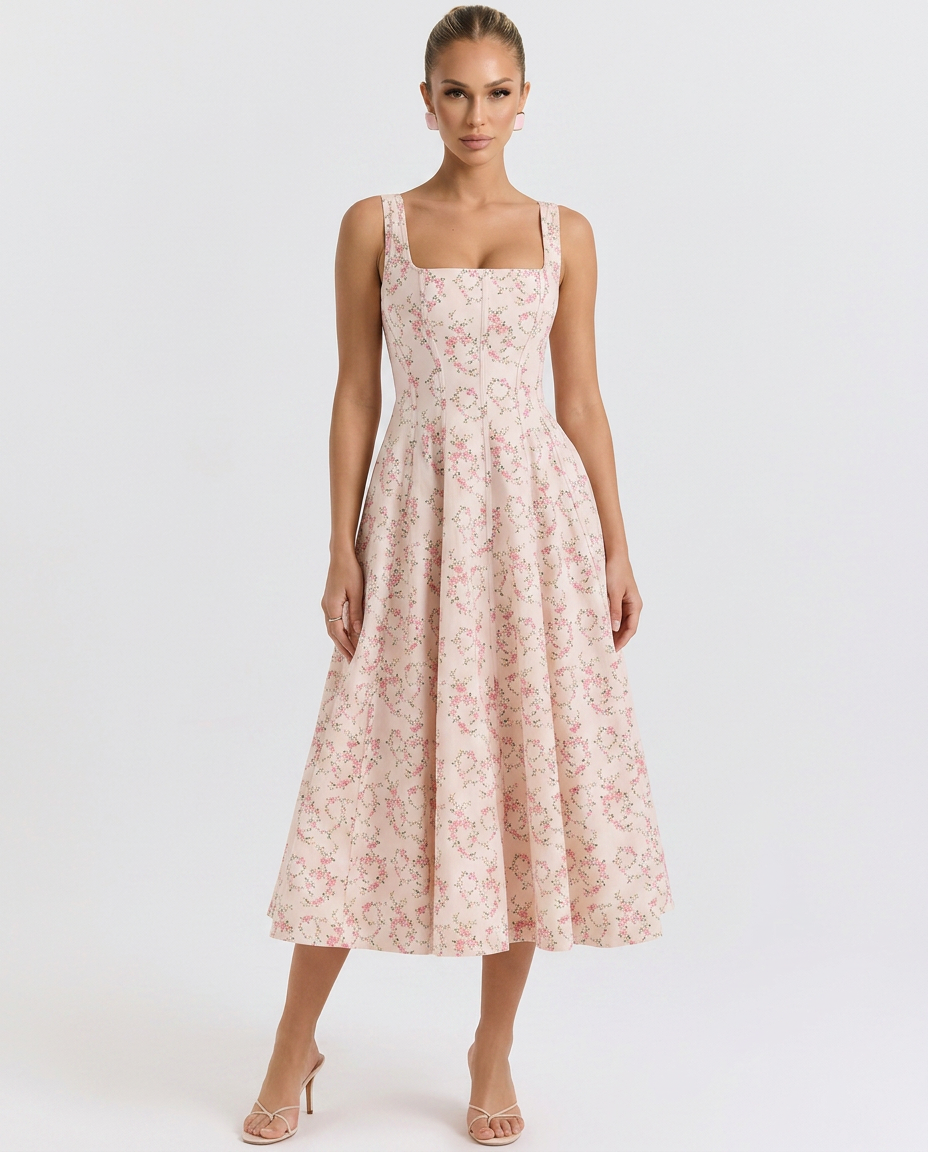 Zelma | Floral Printed Midi Sundress with Lace-Up Back
