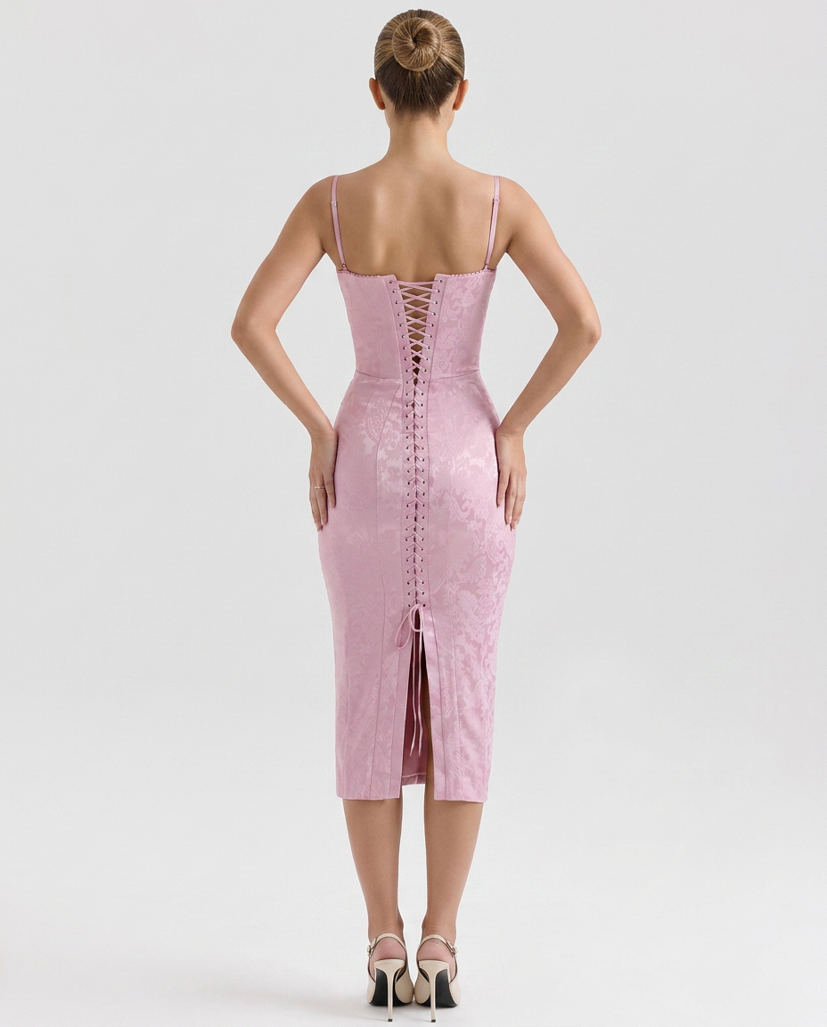 Cindy | Lace-Up Jacquard Midi Dress
