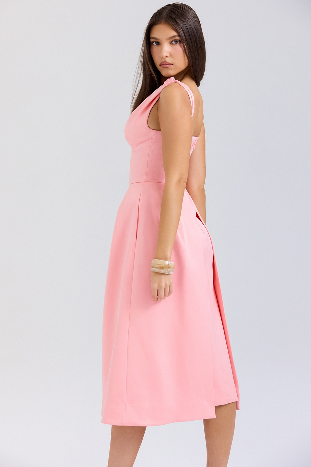 Carissa | Satin-Look Pleated Midi Dress with V-Neck Bodice