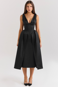 Carissa | Satin-Look Pleated Midi Dress with V-Neck Bodice