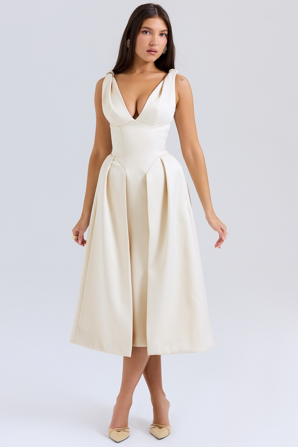 Carissa | Satin-Look Pleated Midi Dress with V-Neck Bodice