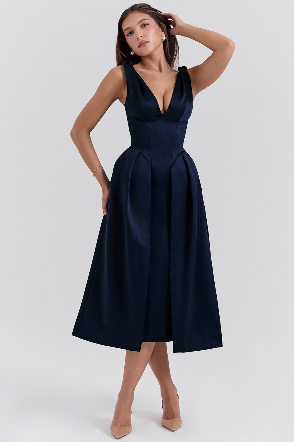 Carissa | Satin-Look Pleated Midi Dress with V-Neck Bodice