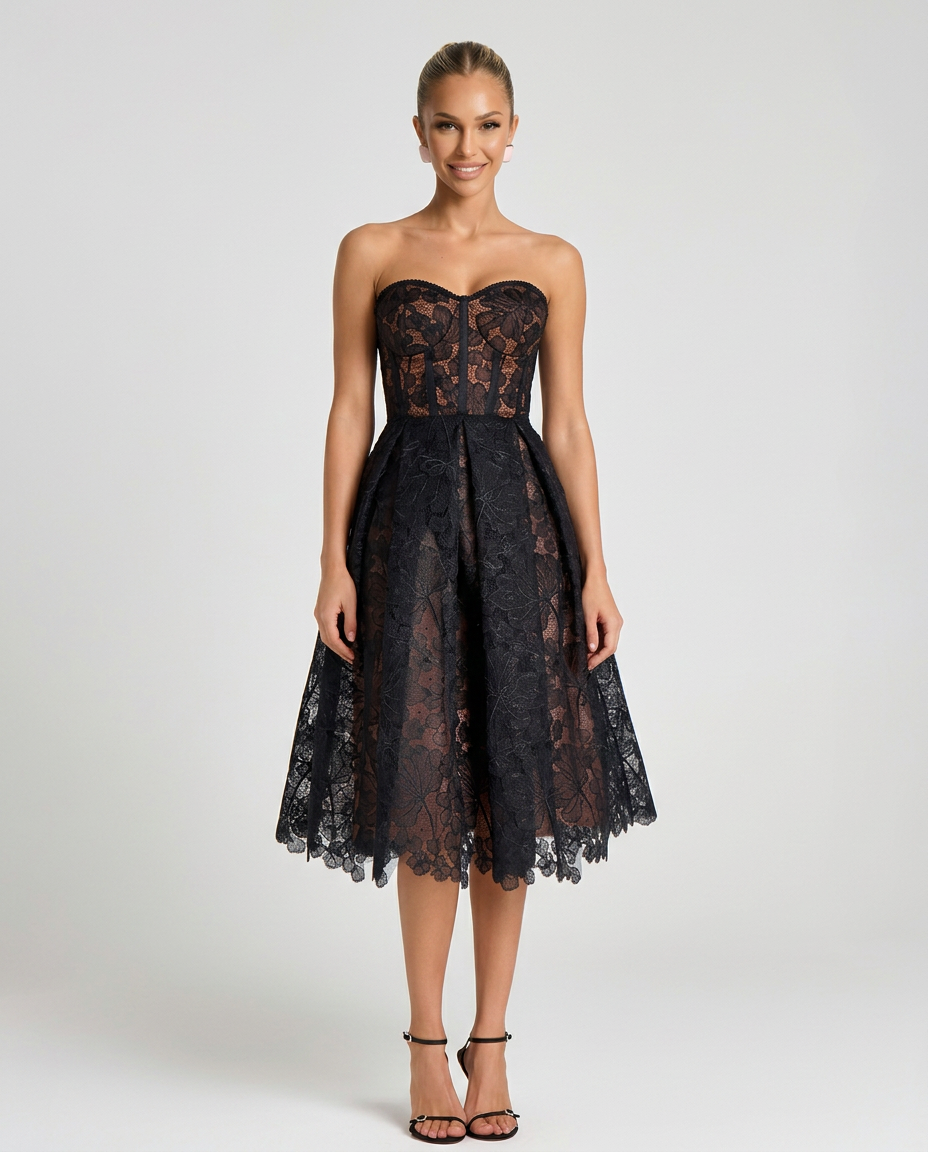 Addie | Embroidered Tulle Corset Midi Dress